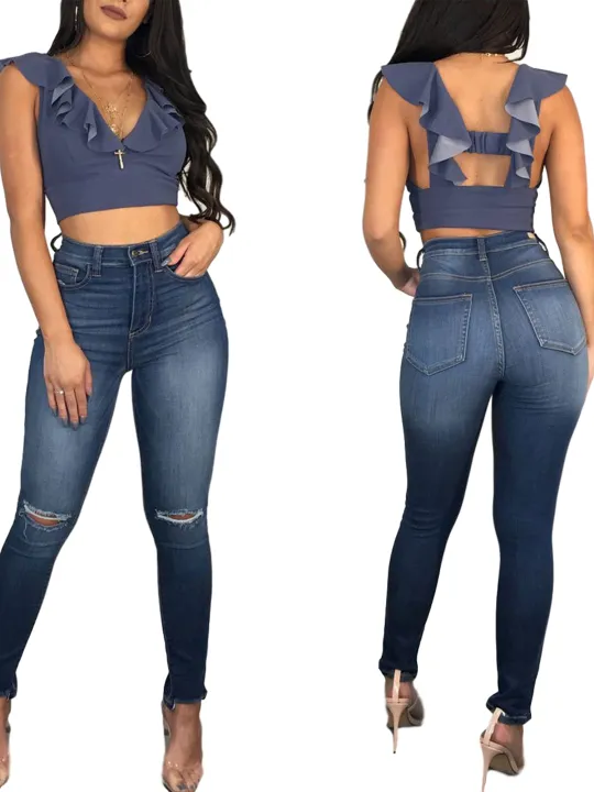Women%20Ripped%20Jeans,%20Smooth%20Zipper%20High%20Waist%20Hip%20Lift%20Design%20%20Skinny%20Style%20Spring%20Clothing%20-%20Image%203