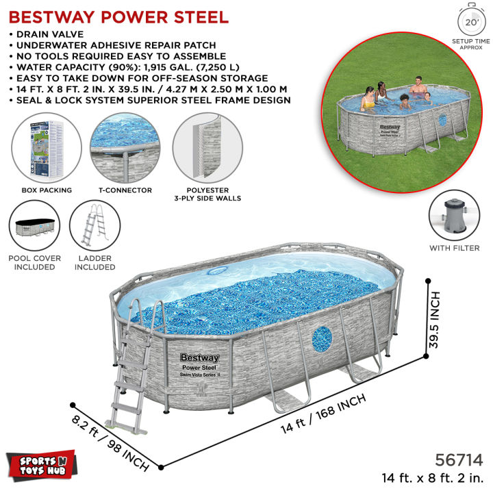 Bestway Above Ground Steel Durable Frame Oval Pool With Port Holes, 14 Feet X 8.2 Ft X 39.5 Inch, Deep Family Swimming Pools, Summer Water Fun, Easy To Drain & Setup Full Size, With Filter Pump Cartridge, Ladder & Cover, Extra Depth Large For Adults 56714