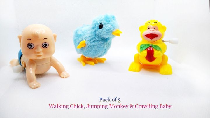 Pack of 3 Funny Walking Chicken Chick, Jumping Monkey, Crawling Baby Wind Toys for Kids Boys & Girls