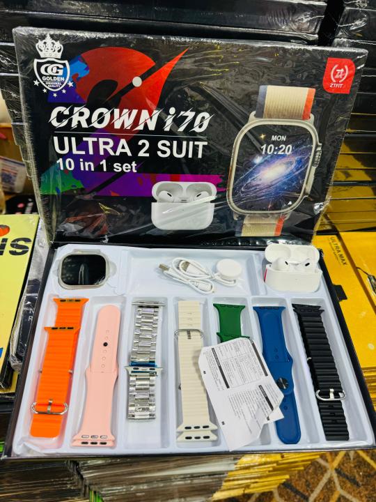 Crown i70 Ultra 2 Suit - 10 in 1 Set - 2.3-Inch Large - Smartwatch with TWS Earphone Wireless - 7 Straps 2.3″Ultra Smart Watch 49mm-Smart Watch with Airpods