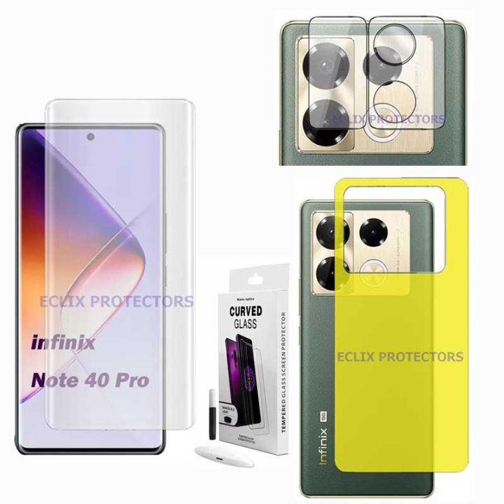 Infinix Note 40 Pro UV Glass Liquid Glue Tempered Glass Screen Protector + Back Jelly Protector Soft Hydrogel Film + Back Camera Glass Flexible 9H Gorilla Lens For infinix note40 pro - Transparent