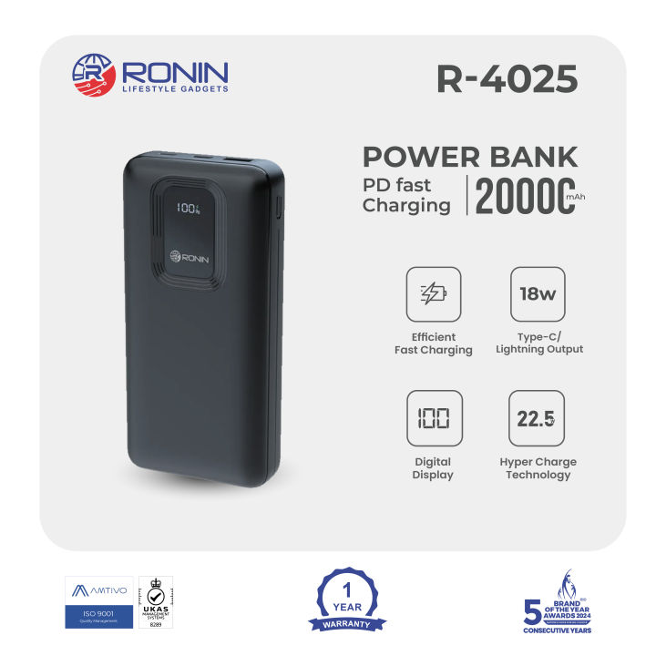 Ronin R-4025 Power, Fast Charge Power Bank 20000mAh with PD Fast Charging