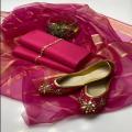 Shah Kamal Fabrics Organza 3 Piece Unstitched Suit Katan Silk Plain Shirt & Trouser with Organza Dupatta For Women. 