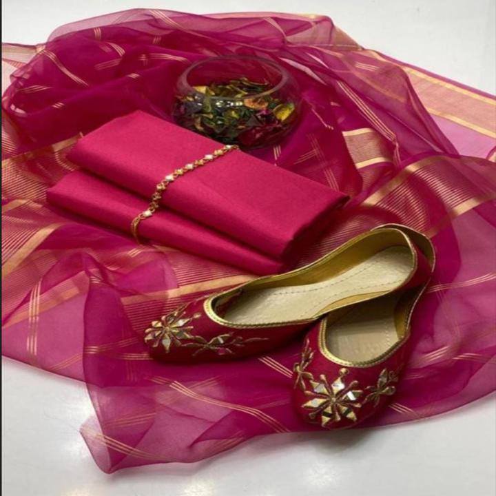 Shah Kamal Fabrics Organza 3 Piece Unstitched Suit Katan Silk Plain Shirt & Trouser with Organza Dupatta For Women