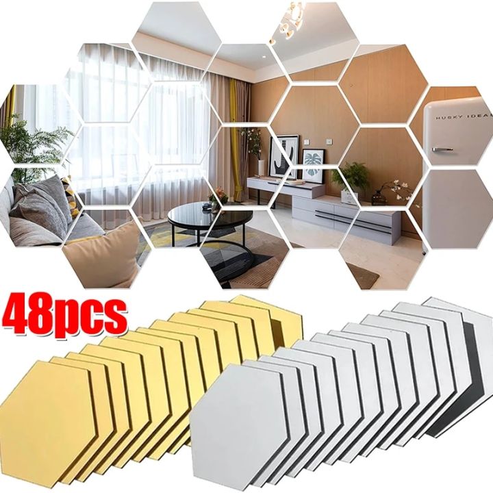 Hexagon Acrylic Mirror Wall Sticker Acrylic Adhesive Gold Silver Mosaic Tiles Removable DIY Bedroom Bathroom Home Decor Sticker