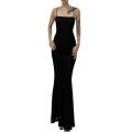 Female Long Slip Dress, Summer Solid Color Sleeveless Spaghetti Strap Backless One-Piece, Black, S/M/L. 