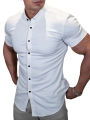 Canis-Men Casual Shirt, Solid Color Short Sleeve Lapel Neck Slim Fit Button-Down Leisure Tops. 