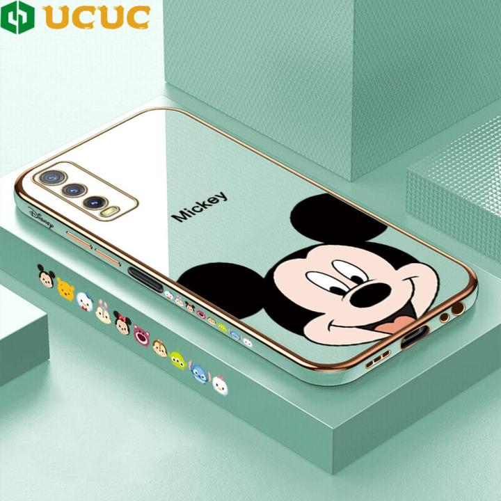 UCUC for Vivo Y20 / Y20S / Y20i / Y12s / Y12A / Y20 2021 / V2026 / Y20S G Luxury 6D Plating Soft Casing Silicone Square Frame Phone Case Shiny Bling Back Cover + Free Lanyard Cartoon Big Head Mouse New design Side Drawing Case