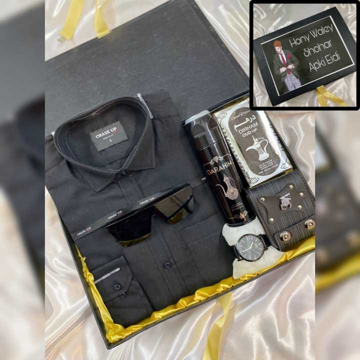 hone wale shohar Perfect Eidi package for mens Eid gifts for men / Eidi gift box for him - perfume - body spray - watch - wallet - belt - sunglasses - fairness cream - Face wash / for husband / fiance / brother / dad