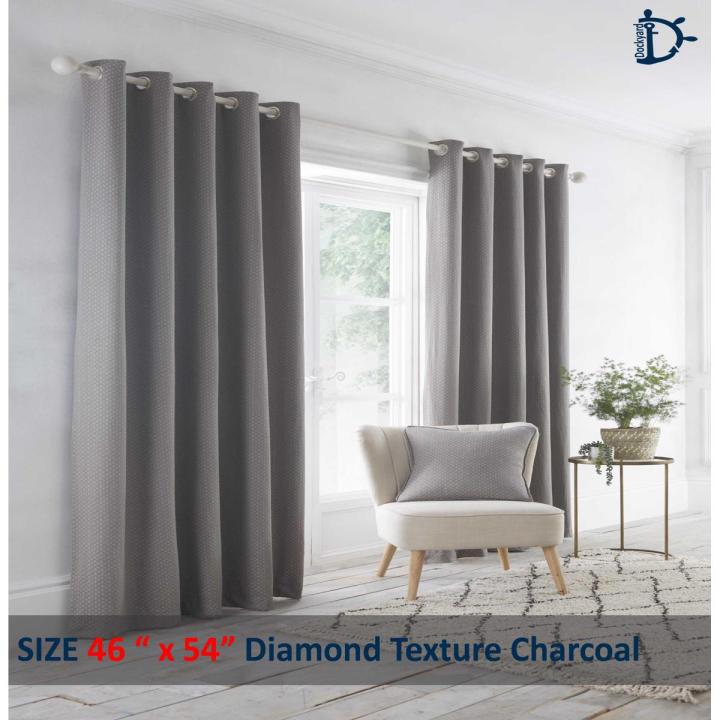 Jacquard Curtains Set, Lined Eyelet Curtains for Room - Diamond Texture Charcoal Grey - Pack of 2