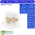 Pack 140 pcs of different Resistor Value ( 1 ,1K 10k ,15k ,22k ,100 ,100k ,180 ,220 ,330 ,330k 390k ,470k, 4k7 )Ohm 1/4W 10 Pcs Each by Electrica. 
