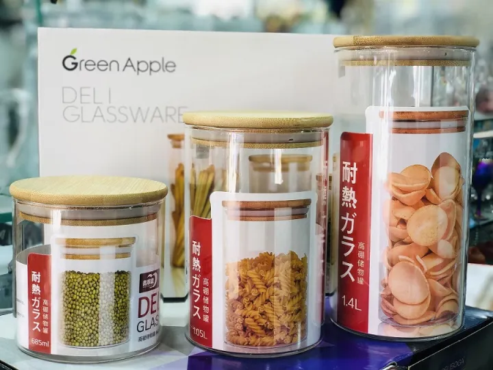 Greeen%20Apple%20DELE%20Glassware%203%20Pieces%20Jar%20Set%20-With%20Bamboo%20LID-Capacity%20(1.4%20L,%201.05%20L%20,685ml)%20High%20Quality%20Borosilicate%20Glass%20-%20Image%202
