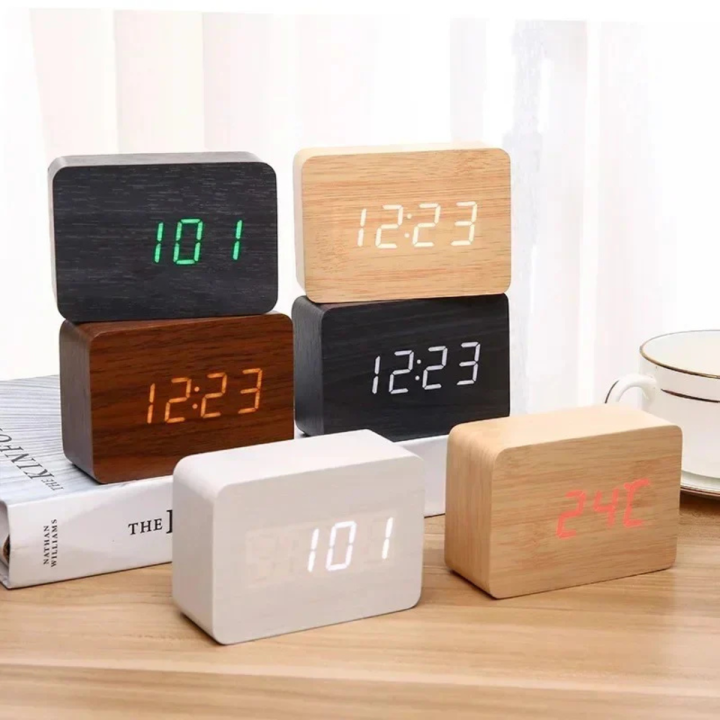 Original wood finish LED digital clock in light wood color featuring ...