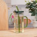 Techmanistan Random Color 400ml Square Glass Mug With Handle, Straw & Lid, Drinking Glass, Adorable Glass Cups with Lids and Straw, Glass Tumbler Coffee Cup Coffee Mug. 