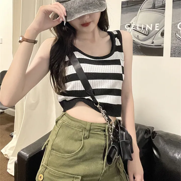 bellylady%20Summer%20Tank%20Tops%20For%20Women%20Trendy%20Striped%20Sleeveless%20Crop%20Tops%20Retro%20Contrast%20Color%20Ice%20Silk%20Pullover%20Vest%20-%20Image%209