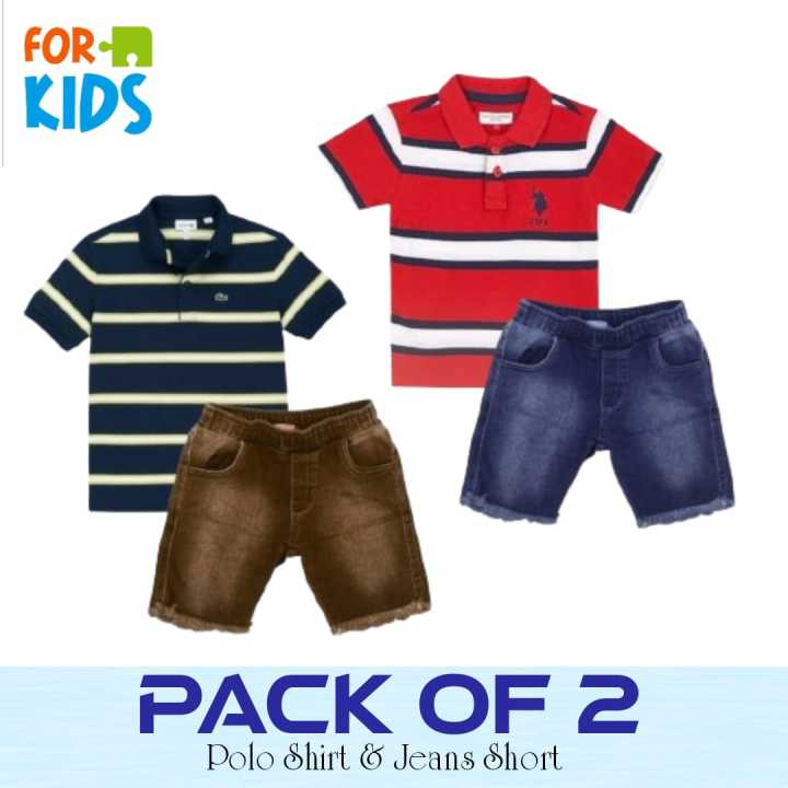 Dayz - Stylish Pack Of 2 Kids Stripes Jersey Polo Shirt With Jeans Shorts Suit For Boys