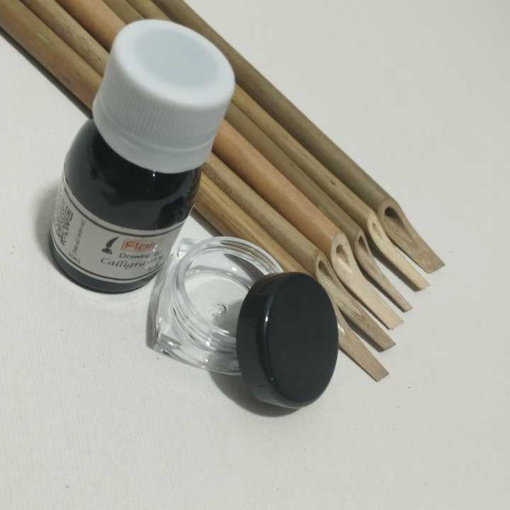 Openness - Arabic Calligraphy Set - 06 Reed Bamboo Qalams/Pens + 1 Black Ink 30ml + 01 5ml Ink Jar