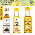 Almond oil / Black seed oil / white sesame oil / pack of 3 / badam oil / kalonji oil / till oil / badam kalonji till oil / roghan-e-badam/roghan-e-kalonji/roghan-e-till / dildar herbals (عمدہ اور تازہ ہماری پہچان) / for skin and hair 100%pure 30ml each. 