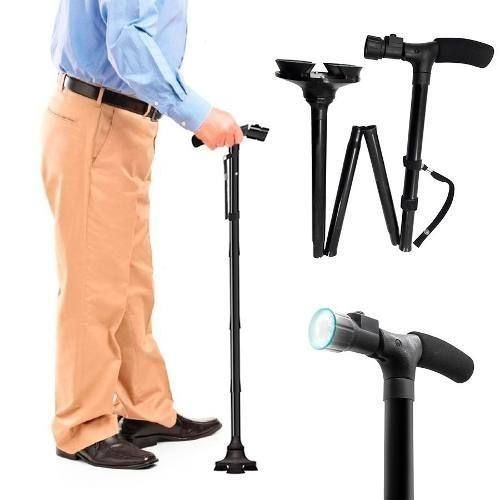 Portable Folding Walking Stick with Led Light Aluminium Handle Dependable Professional Walk Stick For Old Gentleman, Old People, Walking Stick For Old Women, Stick For Old Man Walking, Adjustable Walking Cane Base For Hiking Camping Black