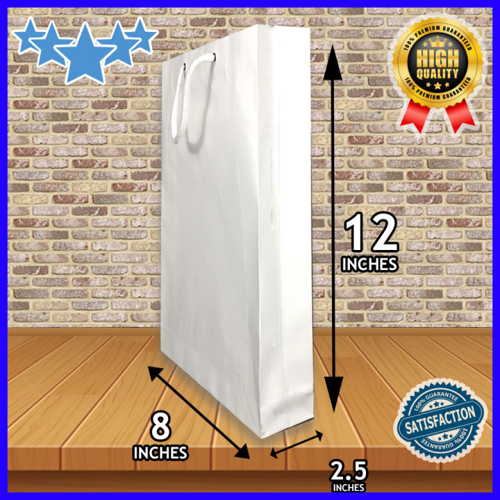WHITE PAPER BAGS. Pack of 08 Premium Quality White Paper Bags (IMPORTED PAPER)  of 12 x 8 x 2.25 inches [ 1-2 CENTIMETERS (+) (-) SIZE VARIATION ]