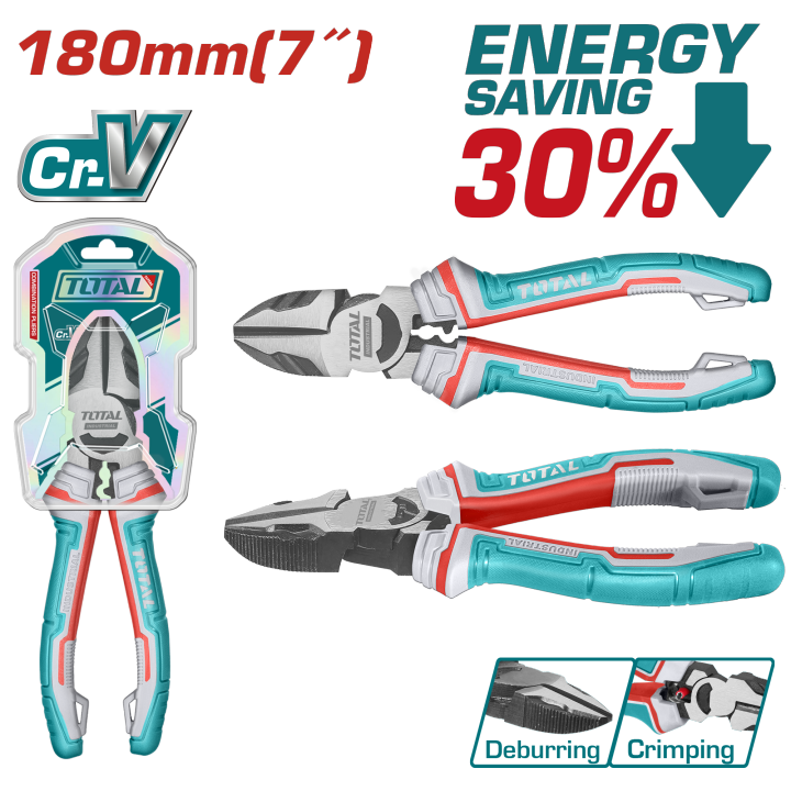 TOTAL 180mm Cr-V High Leverage Diagonal Cutting Pliers with TPR Three Color Handle THT230706S