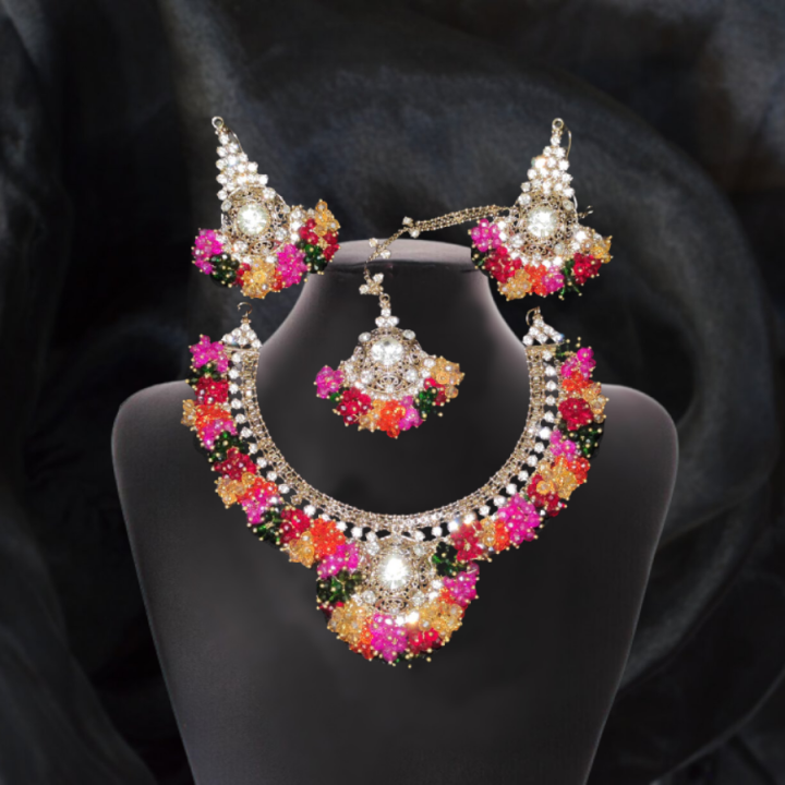 Multicolor Crystals Mehndi Jewellery Set for Girls
