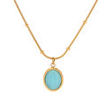Trendy Bead Chain Stone Necklace Stainless Steel Oval Shape Light Blue Stone Pendant Necklace. 