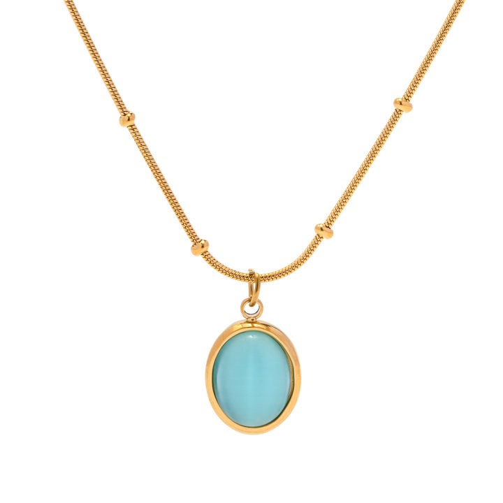 Trendy Bead Chain Stone Necklace Stainless Steel Oval Shape Light Blue Stone Pendant Necklace