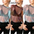 Hot Fashion Women Mesh Sheer See-through Long Sleeve Crop Top T Shirt Blouse - Stylish and Fashionable Mesh Sheer Women's Crop Top. 