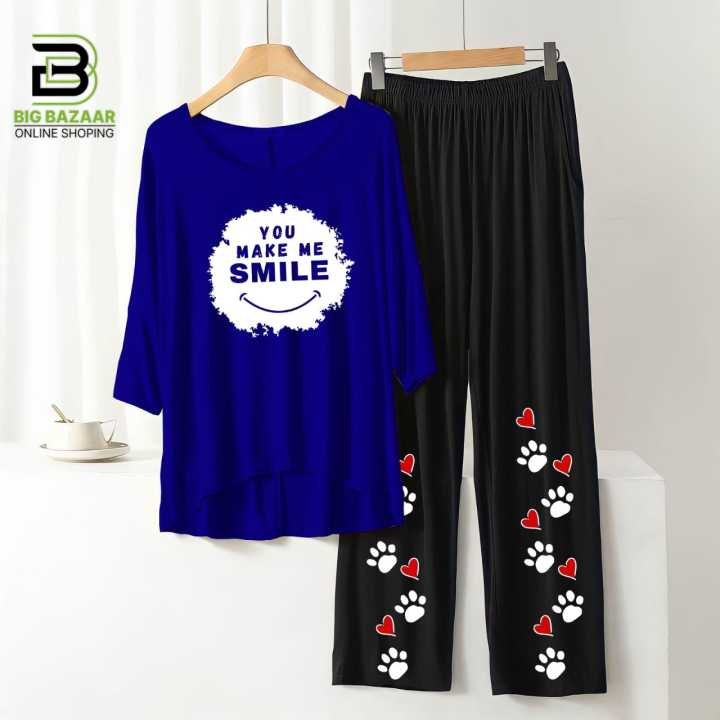 "Stay%20Chic%20and%20Comfortable:%20Summer%20Style%20Printed%20Lounge%20Wear%20with%20Stylish%20Back%20Long%20T-shirt%20and%20Black%20Flapper%20Trouser%20in%20Soft%20Jersey%20Fabric!"%20-%20Image%202