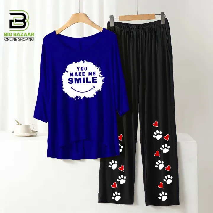 "Stay%20Chic%20and%20Comfortable:%20Summer%20Style%20Printed%20Lounge%20Wear%20with%20Stylish%20Back%20Long%20T-shirt%20and%20Black%20Flapper%20Trouser%20in%20Soft%20Jersey%20Fabric!"%20-%20Image%202