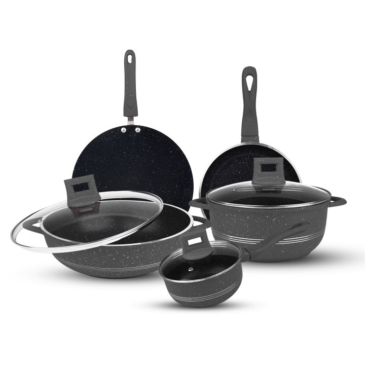 Majestic Chef Marble Coating DIE CAST NONSTICK COOKWARE SET-(08PCS) - Black