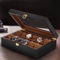 12 Slot Leather Watch Box PU Leather and Jewelry Organizer Box - BLACK LEATHER WATCH BOX GIFT SET - 12 SLOT. 