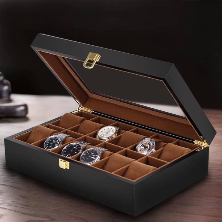 12 Slot Leather Watch Box PU Leather and Jewelry Organizer Box - BLACK LEATHER WATCH BOX GIFT SET - 12 SLOT