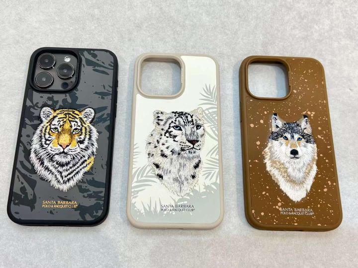 100% original polo Santa Barbara savanna series snow leopard panther tiger lion case in genuine leather and 3d embroidery for iPhone 15 series casemart