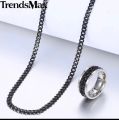 Men's Ring Necklace Jewelry Set Stainless Steel Cuban Link Chain Necklace Wedding Ring Male Jewelry Hip Hop color (Golden, Black, Silver), ring size 17,18,19,20,21. 