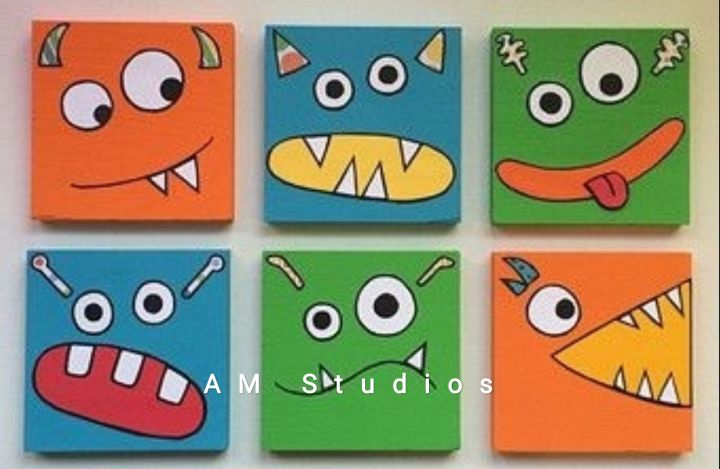 7x7inches Set of 6 Cartoon acrylic painting  for kids room, dinning room, kitchen, coffee shop, bedroom, drawing room, gift for wedding, birthday, new year, school, college, handmade home decor.