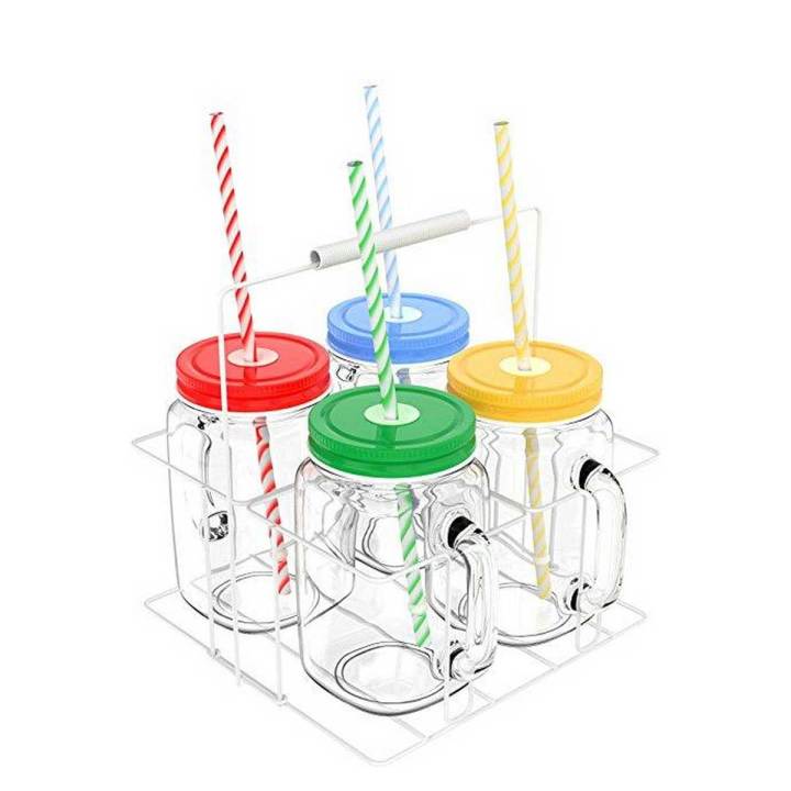 Pack Of 4 - Plain Mason Jar Mug With Lid & Straw - 500Ml