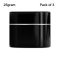 25gram Pack of 3 Premium Empty Black Color Cosmetic Pet Jar with Black cap and Silver Streak. 
