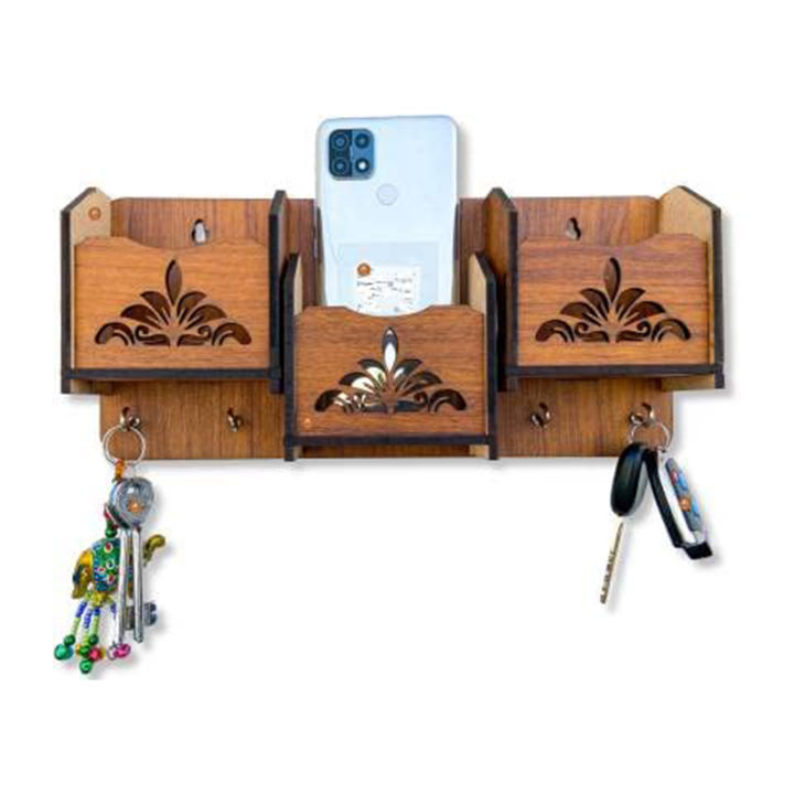 Al Noor Traders Brand 3 Pocket Key holder Multipurpose Creative Wooden Design | Wooden Key Stand for Wall | Key Hanger (4 Hooks, MDF Brown)