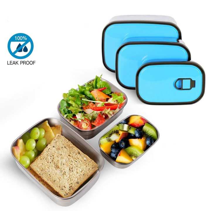 Stainless Steel Rectangular Lunch Box with 3 Containers, Leak-Proof, Available in S-M-L Sizes