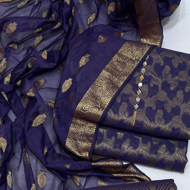 3-Piece Banarsi Jacquard Suit with Jamawar Trousers and Dupatta for Women