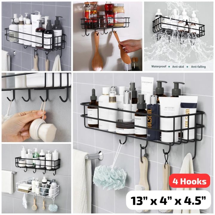 Bathroom Storage Hanging Shelf Wall Mounted With Hooks/ 1 layer corner rack / metal black shelf / bathroom kitchen punch corner frame /shower shelf metal rack