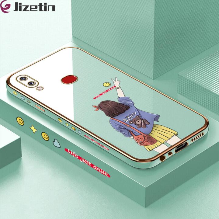 Jizetin (Free Lanyard) for Samsung A10S Back Cover Back Girl Luxury 6D Plating Case Side Pattern Soft Silicone Square Phone Cases