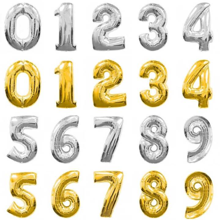Number Foil Balloon 16" Inch Customize Metallic Gold, Silver, 0 1 2 3 4 5 6 7 8 9 Balloons, Aluminum Hanging Date Year Age Foil Film Balloon for Wedding, Birthday Party Decoration, Farewell, Happy New Year, Anniversary Banner Air Ballon Theme Set