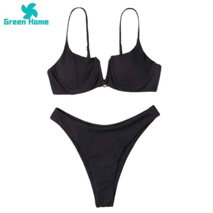 Green Home Women Bikini Set Slim Fit V Neck Backless Women Bathing Suit