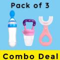 Pack of 3 Baby Silicone Squeeze Spoon Feeder (90ML Bottle), U Shape Silicone Toothbrush, Baby Fruit Pacifier, Crawling Kids | SJR Collections. 