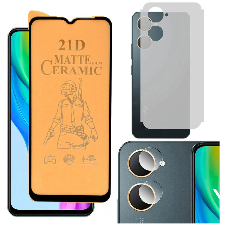 Vivo Y03 Ceramic Matte Protector PUBG Gaming Unbreakable Anti-shock Hybrid 9D/11D/21D Tempered Fiber Glass + Back Matte Protector Soft Skin Sheet Film Protector + Gorilla Flexible Protector Back Camera 9H For Vivo Y03
