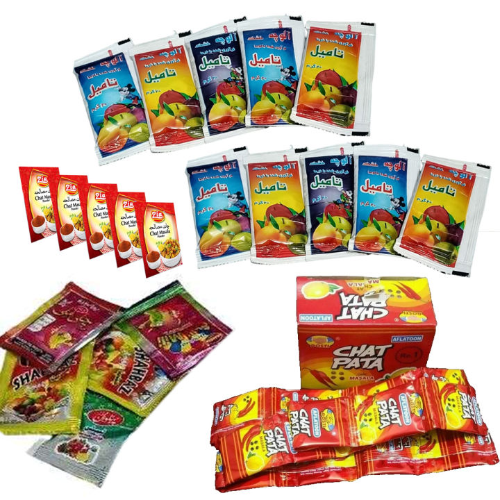 20 Pcs Set - 10 Tamil Imli Sauce 10 Churan Chaat Masala - Strips Sweet and Sour Tamil Imli Chatni Fresh Box - For Irani Persian Lavashak Fruit Lather Roll Bites Imli Souce Layer Sheets -  Coouran Chat Masala Powder Viral Rolls Taili Candy Sheet snack