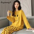Yellow Smile Face Printed Cute Sexy Ladies Sleep Wear Night Dress with Shirt and Trouser (Complete Sleeping Suit) For Women and Girls. 